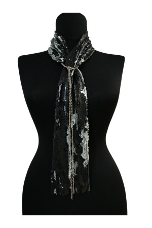 Payet Boyunluk – Gri Siyah Çift Taraflı Payetli Zincirli Boyunluk ve Saç Tokası