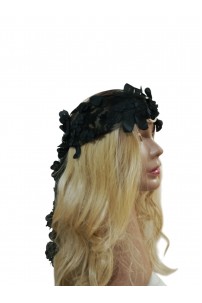 Siyah 3 Boyutlu Çiçekli Tül Boyunluk ve Bandana 