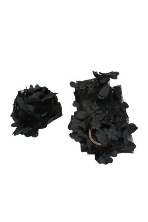 Siyah 3 Boyutlu Çiçekli Tül Boyunluk ve Bandana 