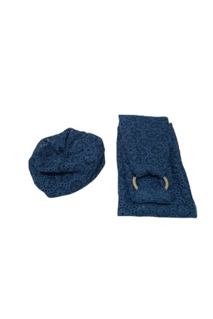 Kabartmalı Mavi Tül Kumaştan Zamak Halka Detaylı Boyunluk ve Lastik Toka Seti