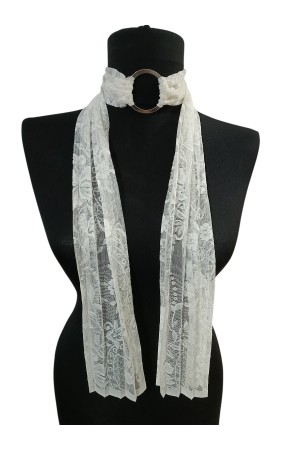 Ekru Tül Desenli Tokalı Boyunluk – Bandana – Flor Set