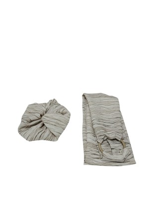 Kırık Beyaz Yeşil Desenli Şifon Tokalı Boyunluk - Bandana - Flor - Lastik Tokalı Set